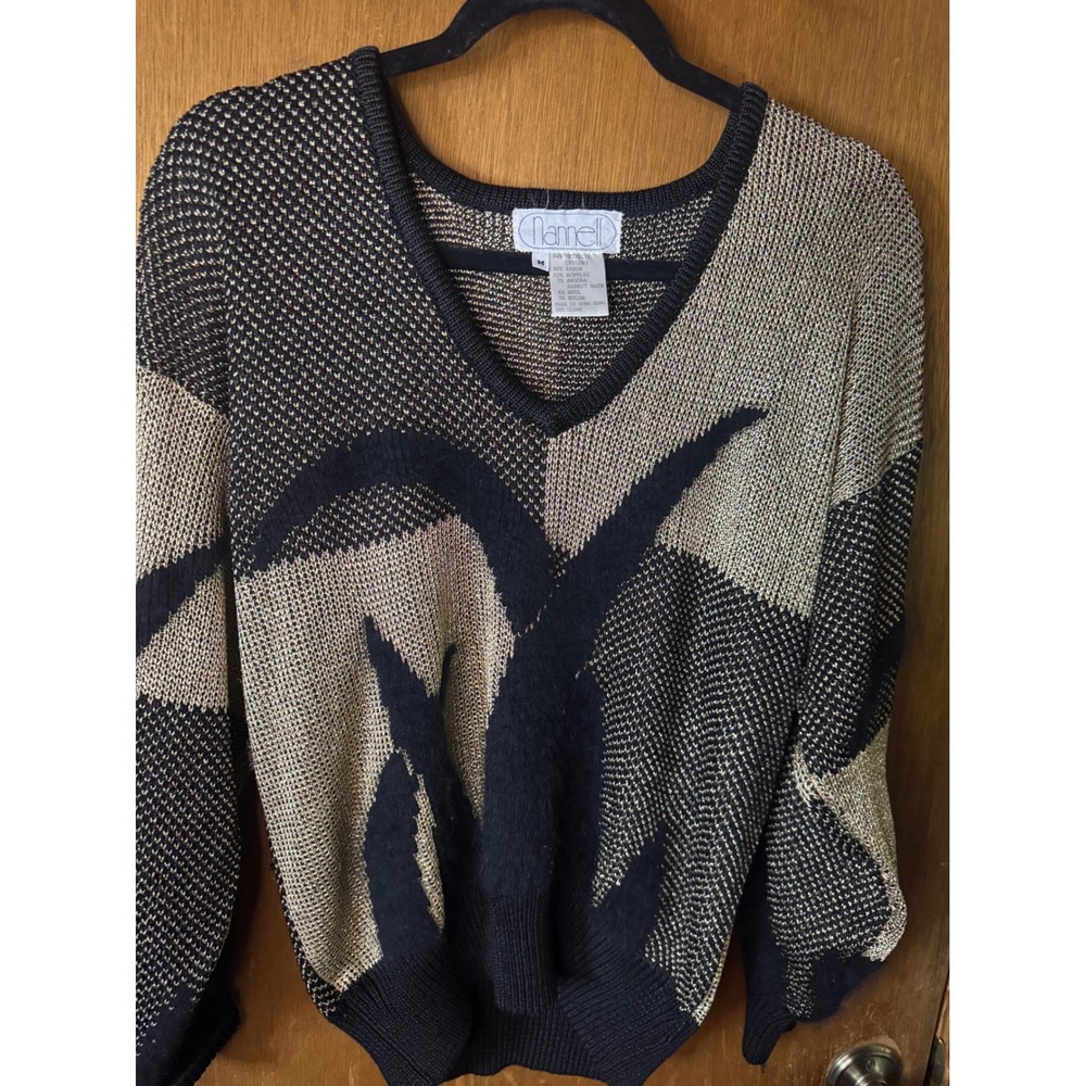 Vintage Nannell Metallic Gold Black Abstract Angora Wool V-Neck Sweater Womens M